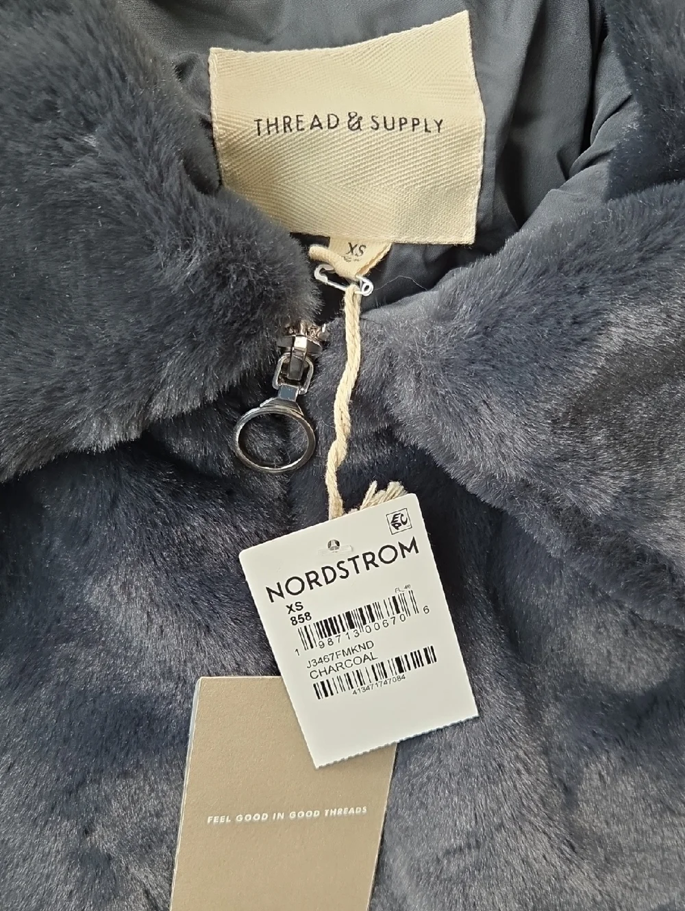 Thread & Supply Charcoal Fuzzy Zip Jacket XS New
